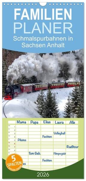 Familienplaner 2026 - Schmalspurbahnen in Sachsen Anhalt mit 5 Spalten (Wandkalender, 21 x 45 cm) CALVENDO