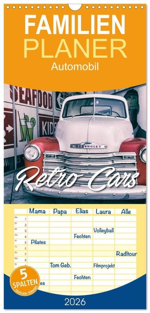 Familienplaner 2026 - Retro Cars mit 5 Spalten (Wandkalender, 21 x 45 cm) CALVENDO
