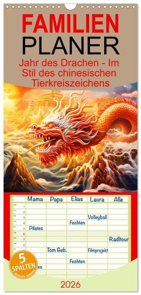 Familienplaner 2026 - Jahr des Drachen - Im Stil des chinesischen Tierkreiszeichens mit 5 Spalten (W