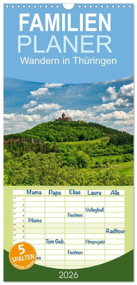 Familienplaner 2026 - Wandern in Thüringen mit 5 Spalten (Wandkalender, 21 x 45 cm) CALVENDO