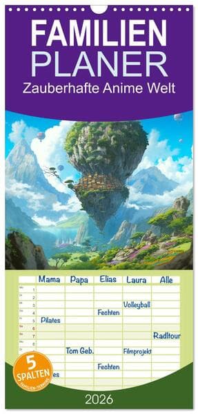 Familienplaner 2026 - Zauberhafte Anime Welt mit 5 Spalten (Wandkalender, 21 x 45 cm) CALVENDO