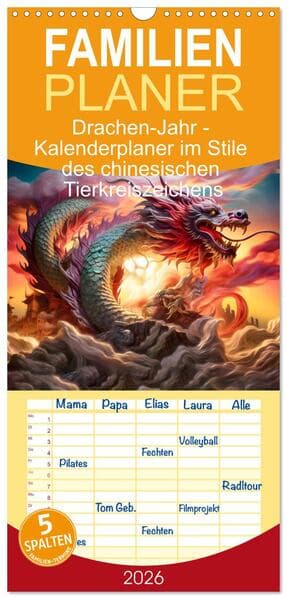 Familienplaner 2026 - Drachen-Jahr - Kalenderplaner im Stile des chinesischen Tierkreiszeichens mit