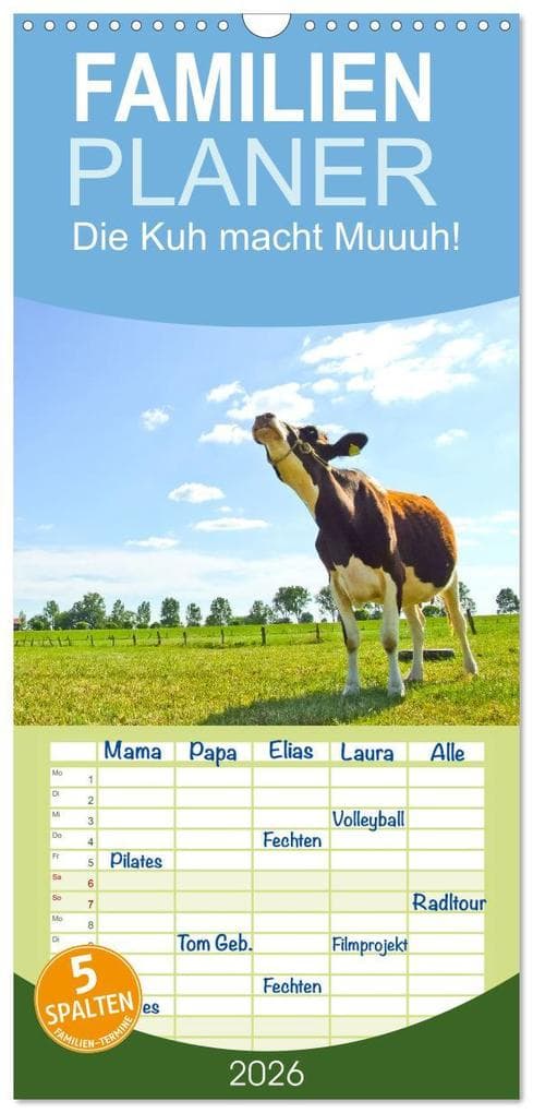 Familienplaner 2026 - Die Kuh macht Muuuh! mit 5 Spalten (Wandkalender, 21 x 45 cm) CALVENDO