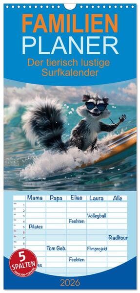 Familienplaner 2026 - Der tierisch lustige Surfkalender mit 5 Spalten (Wandkalender, 21 x 45 cm) CALVENDO