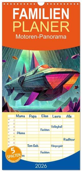 Familienplaner 2026 - Motoren-Panorama mit 5 Spalten (Wandkalender, 21 x 45 cm) CALVENDO