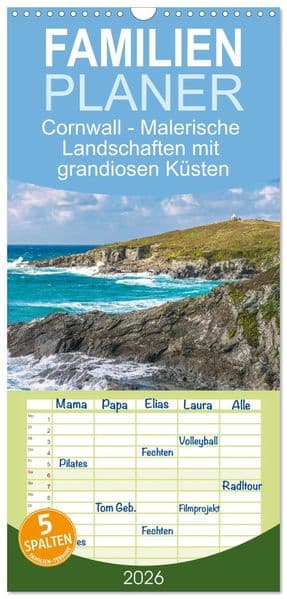 Familienplaner 2026 - Cornwall - Malerische Landschaften mit grandiosen Küsten mit 5 Spalten (Wandkalender, 21 x 45 cm) CALVENDO: Zwischen rauer Küste und keltischer Legende - Ein Paradies im Südwesten Englands