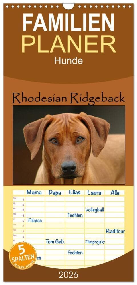 Familienplaner 2026 - Rhodesian Ridgeback Terminkalender mit 5 Spalten (Wandkalender, 21 x 45 cm) CA