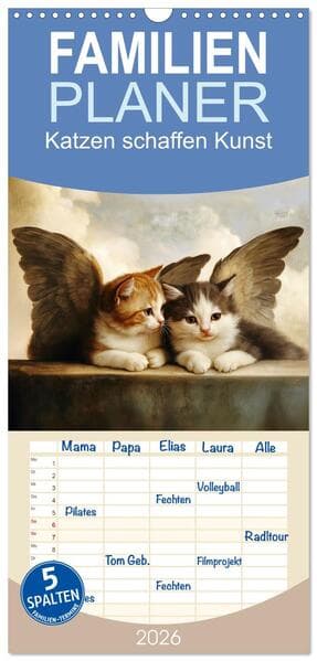 Familienplaner 2026 - Katzen schaffen Kunst mit 5 Spalten (Wandkalender, 21 x 45 cm) CALVENDO
