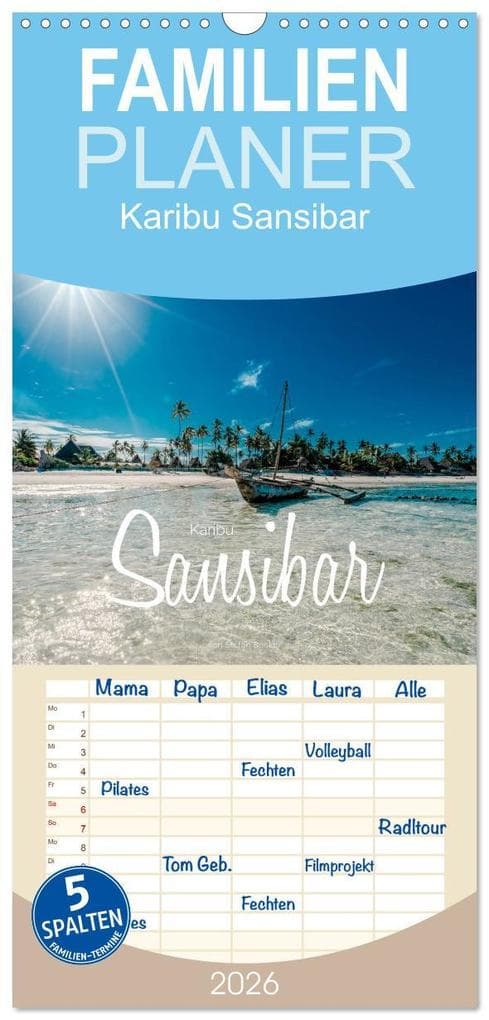 Familienplaner 2026 - Karibu Sansibar mit 5 Spalten (Wandkalender, 21 x 45 cm) CALVENDO