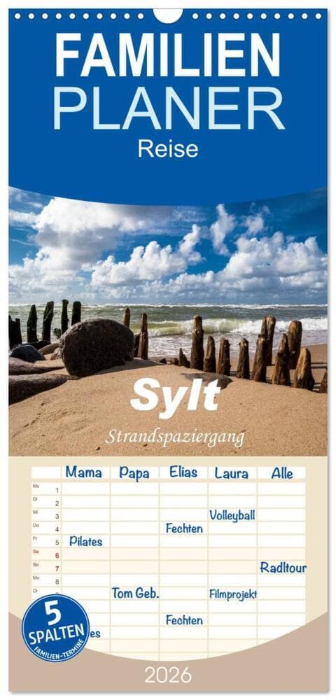 Familienplaner 2026 - Sylt - Strandspaziergang mit 5 Spalten (Wandkalender, 21 x 45 cm) CALVENDO