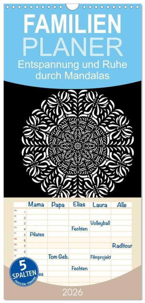 Familienplaner 2026 - Entspannung und Ruhe durch Mandalas mit 5 Spalten (Wandkalender, 21 x 45 cm) C