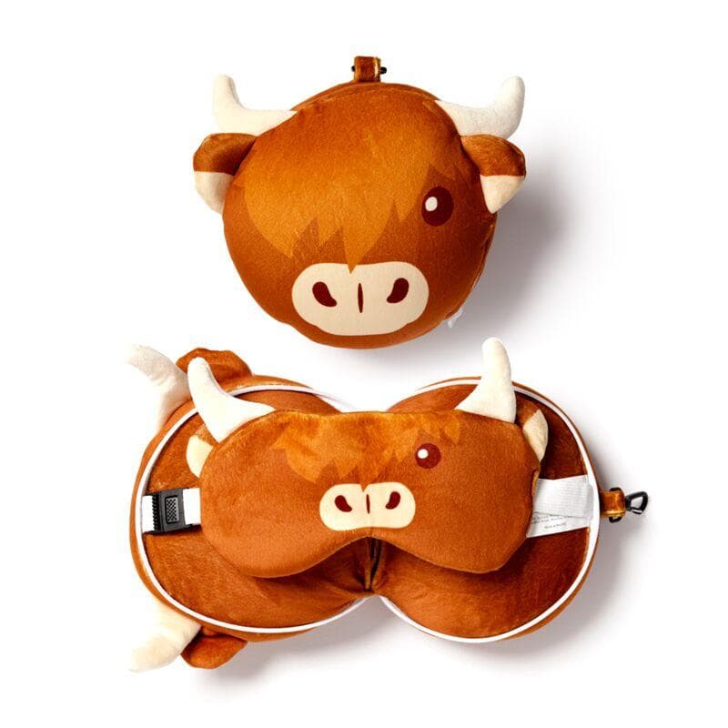Relaxeazzz Plüsch Highland Coo Kuh Reisekissen & Schlafmaske