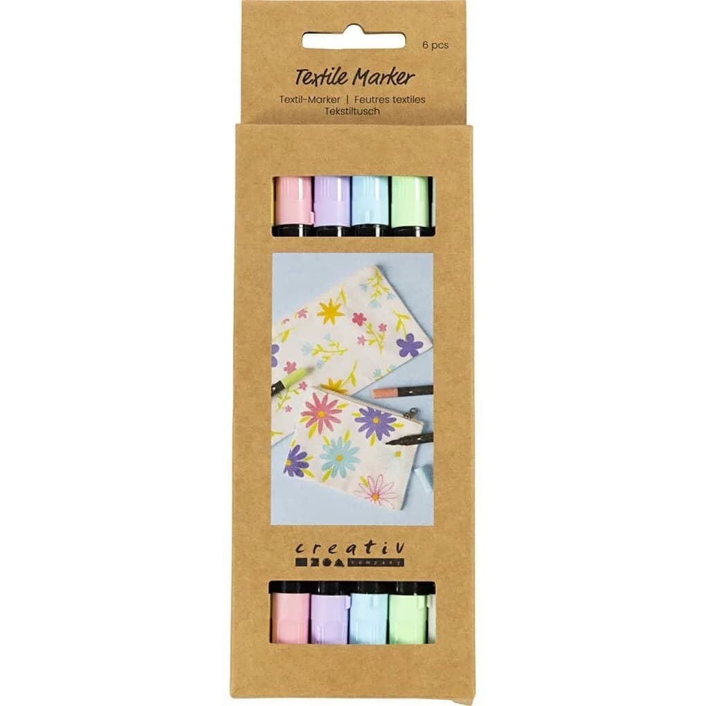 Creativ Company Textil-Marker, Pastell-Farben, Strichstärke 2,3+3,6 mm, 6er Set