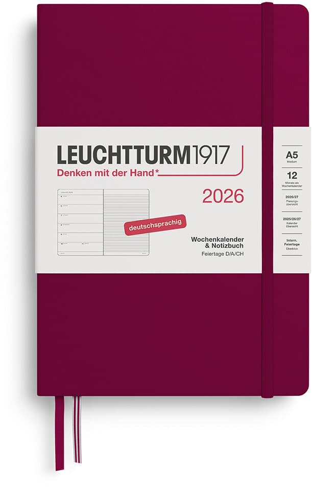 Wochenkalender und Notizbuch Medium (A5) 2026, Port Red, Deutsch