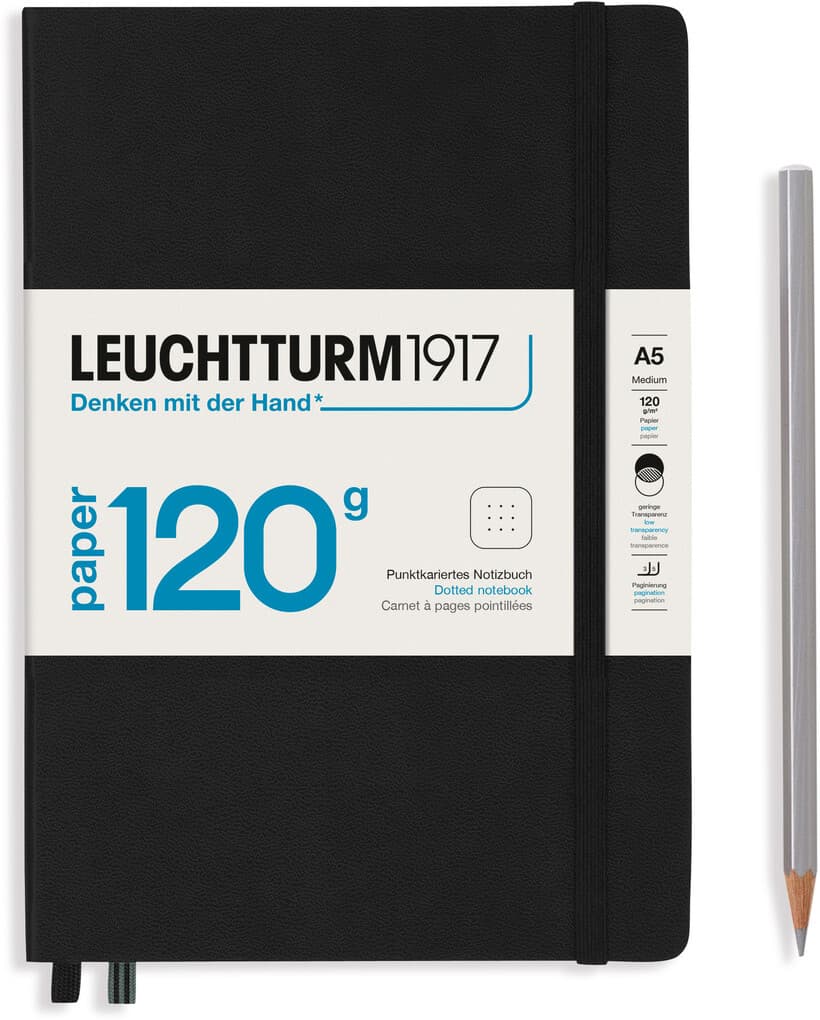 Notizbuch Medium (A5), EDITION 120, Hardcover, 203 nummerierte Seiten, Schwarz, dotted