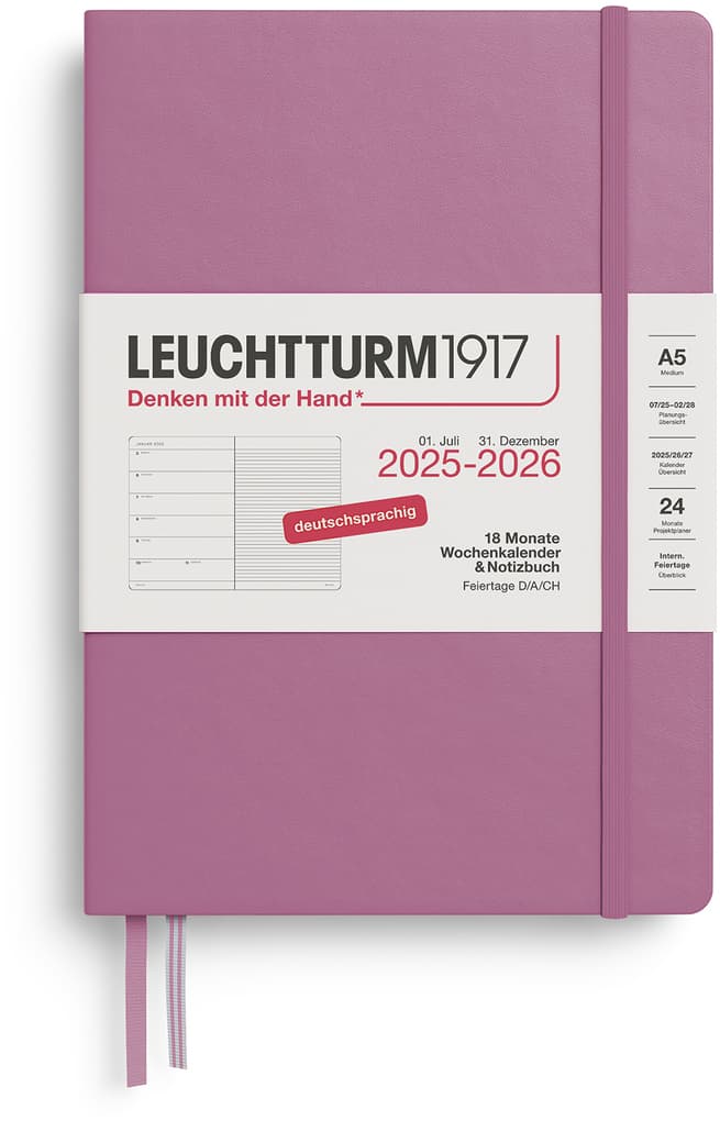 Wochenkalender und Notizbuch Medium (A5) 2026, 18 Monate, Dusty Rose, Deutsch