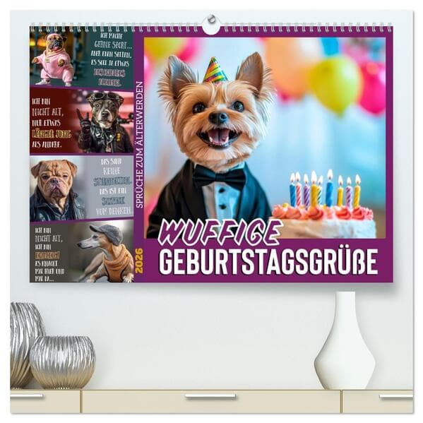 Wuffige Geburtstagsgrüße SPRÜCHE ZUM ÄLTERWERDEN (hochwertiger Premium Wandkalender 2026 DIN A2 quer), Kunstdruck in Hochglanz