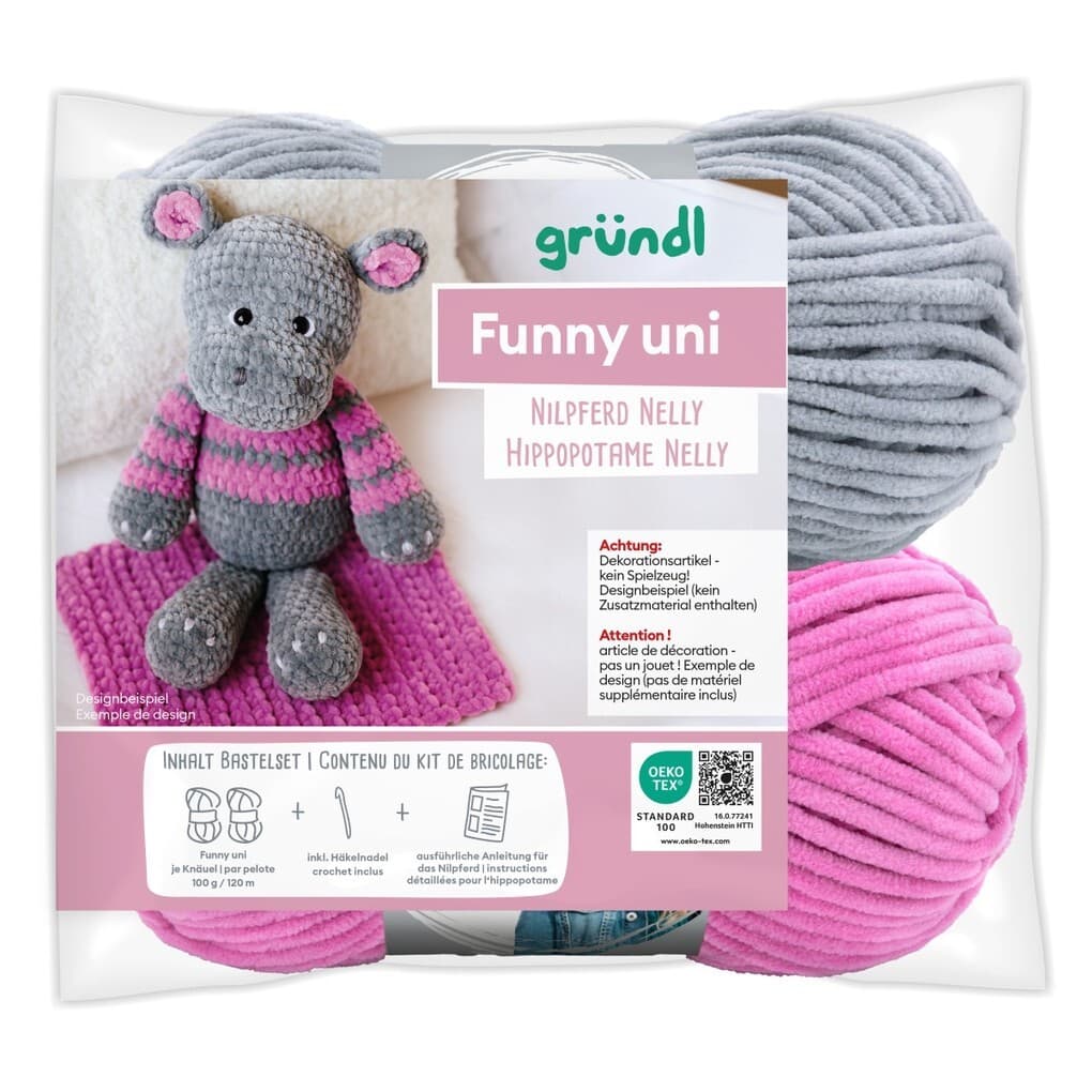 gründl Funny uni SB-Pack Nilpferd Nelly, Chenillegarn, Häkelset