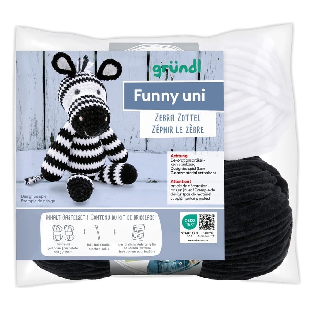 gründl Funny uni SB-Pack Zebra Zottel, Chenillegarn, Häkelset