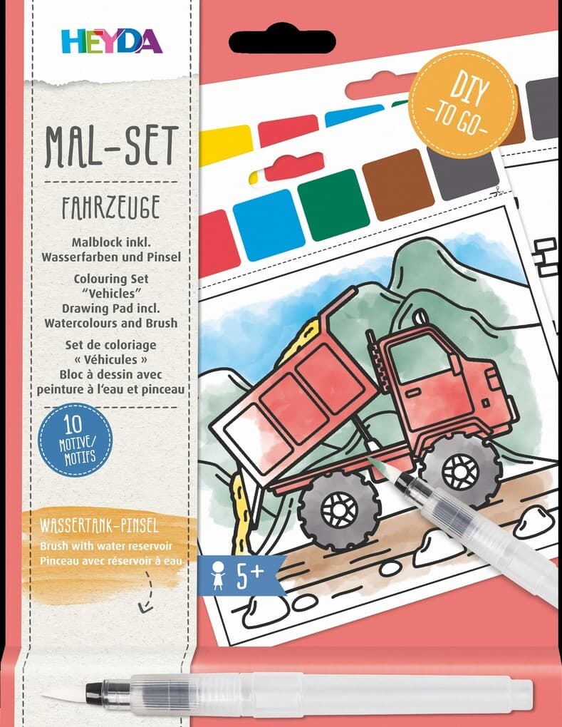 Heyda Mal Set Fahrzeuge - Malblock inkl. Wasserfarben und Pinsel, 10 Motive
