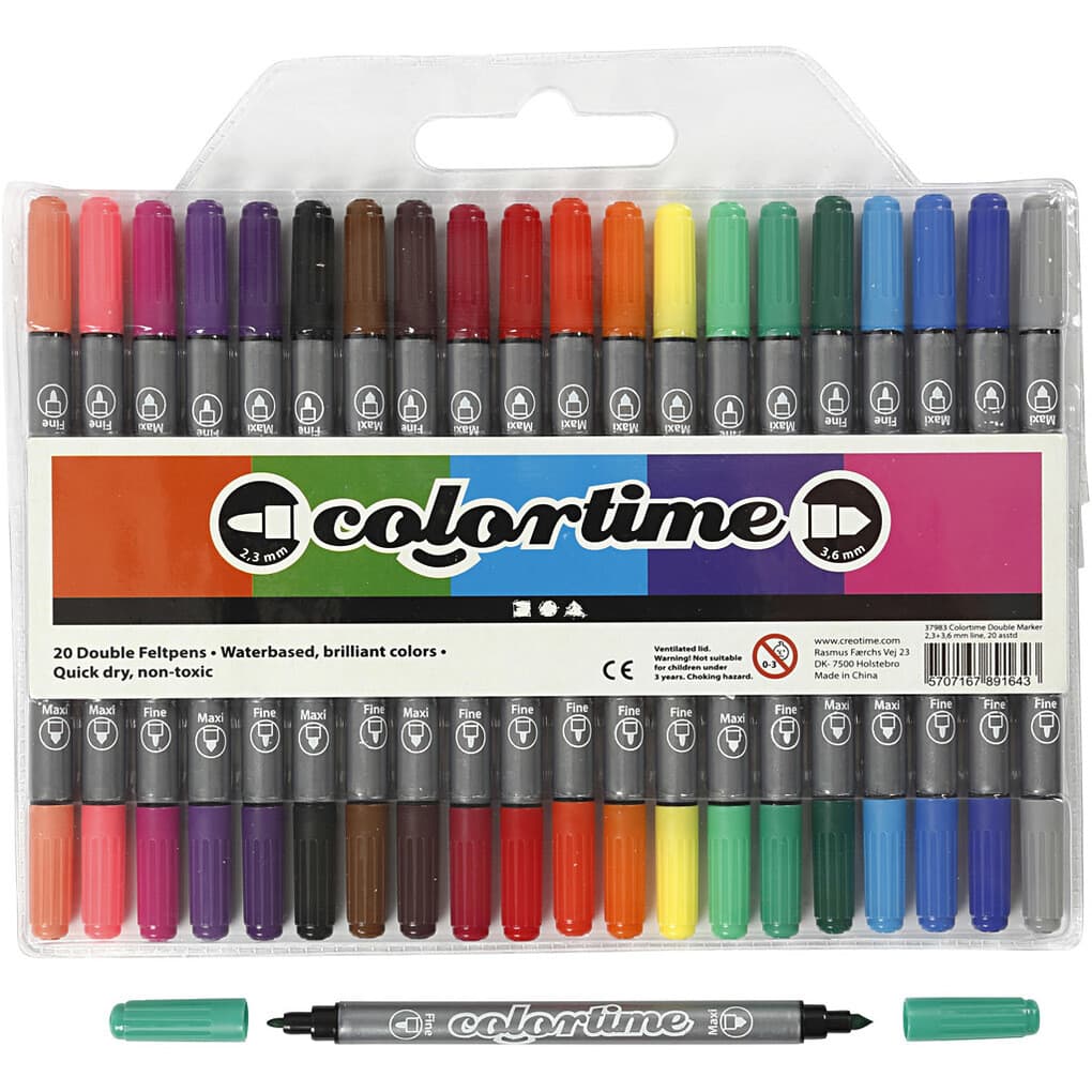 Creativ Company Colortime Dual-Filzstifte, Strichstärke , 2,3+3,6 mm, Standard-Farben, 20 Stk