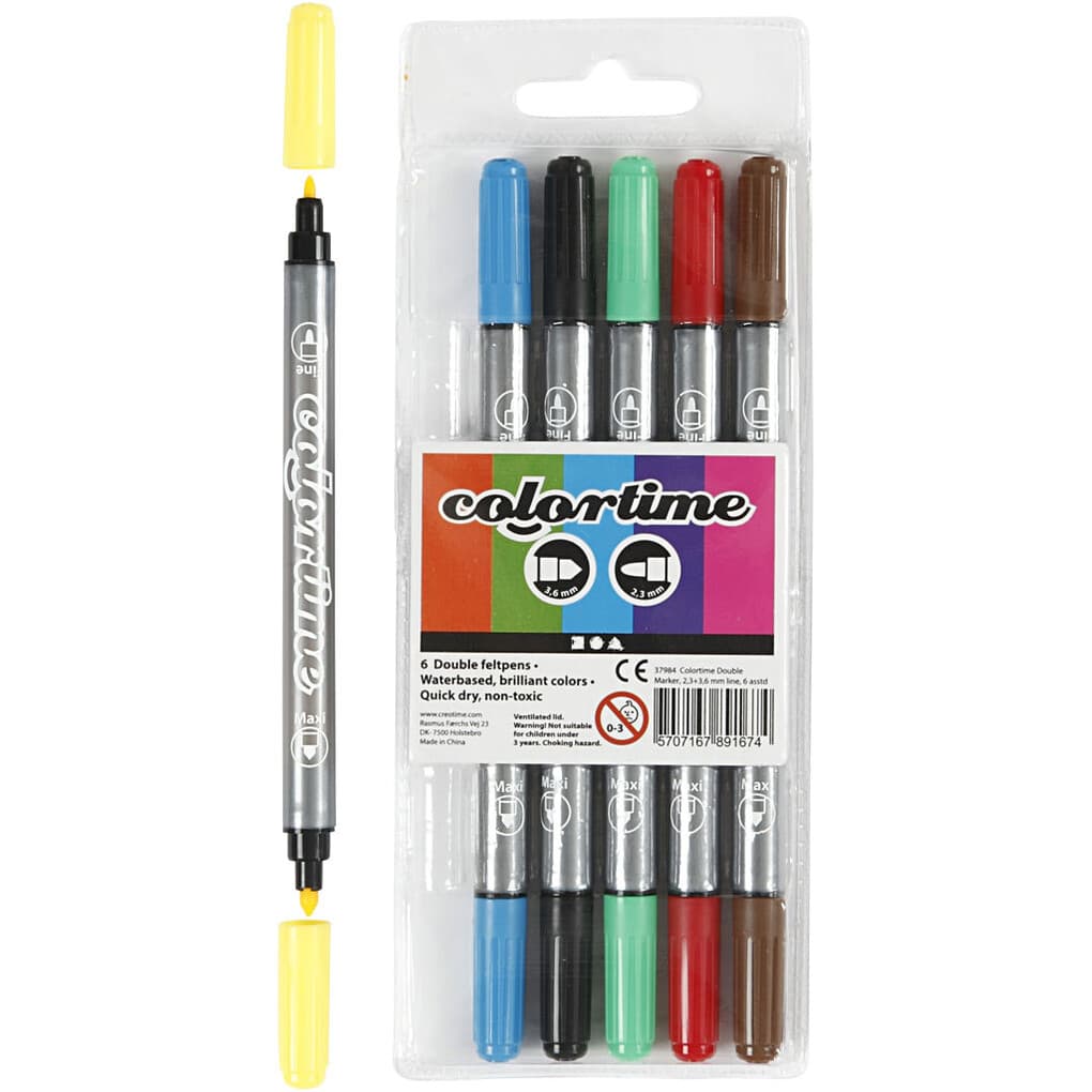 Creativ Company Colortime Dual-Filzstifte Strichstärke 2,3+3,6 mm, Standard-Farben, 6 Stk