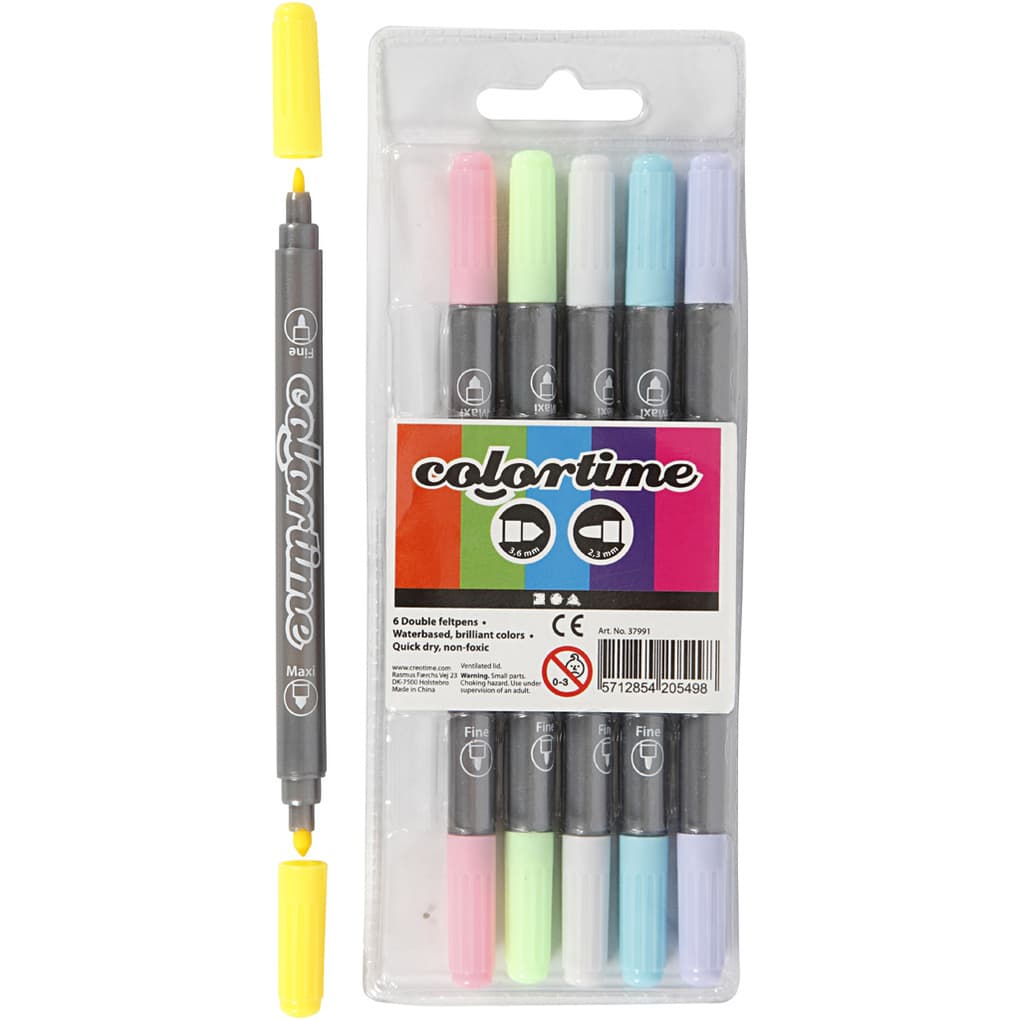 Creativ Company Colortime Dual-Filzstifte, Strichstärke , 2,3+3,6 mm, Pastellfarben, 6 Stk