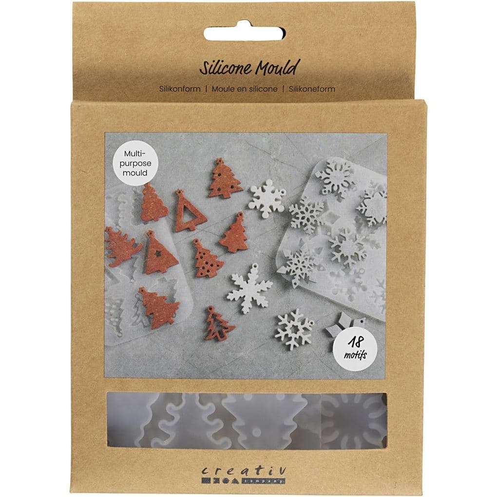 Creativ Company Silikonform, Schneeflocken und Weihnachtsbäume, H 0,3 cm, B 3,5+4,7 cm, mit Loch zum Aufhängen, Matt transparent, 2 Stk/ 1 Stk
