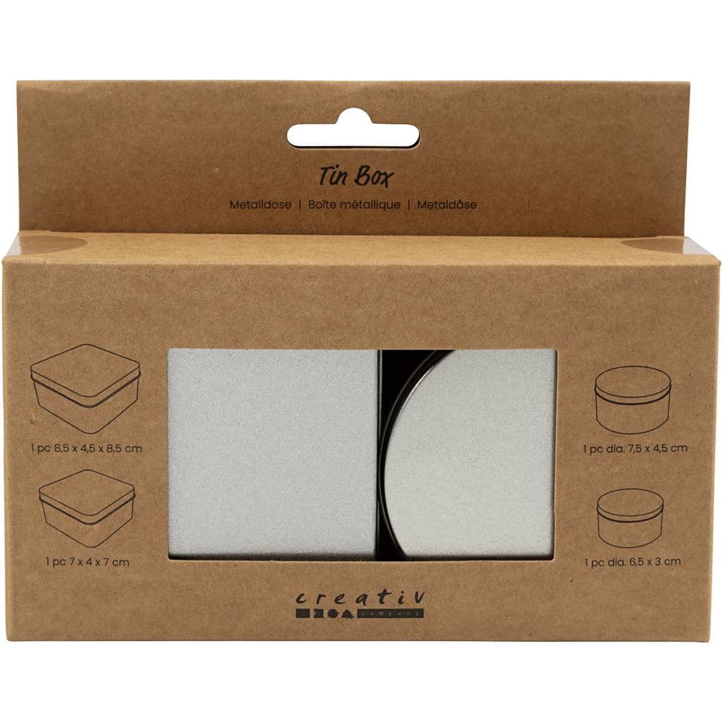 Creativ Company Metalldose, Rund und quadratisch, H 3-4,5 cm, D 6,5+7,5 cm, Größe 7x7+8,5x8,5 cm, Grau Metall, 4 Stk