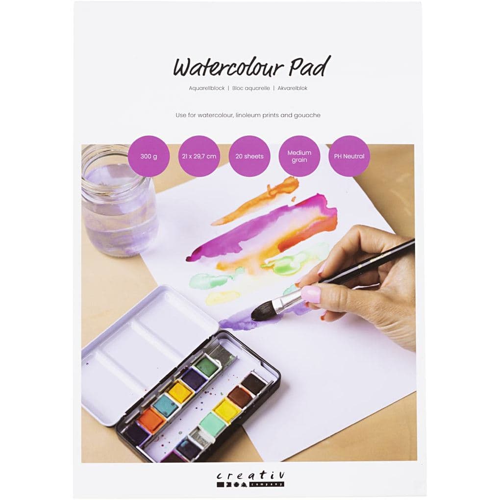 Creativ Company Aquarellblock, A4, Blatt 210x297 mm, Kaltgepresst, mittlere Körnung, 20 Blatt, 300 g, Weiß
