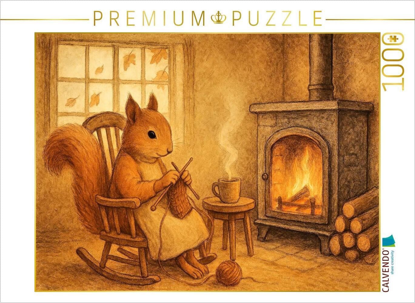 CALVENDO Puzzle Kaminträume - Das strickende Eichhörnchen | 1000 Teile Lege-Größe 64x48cm Foto-Puzzl