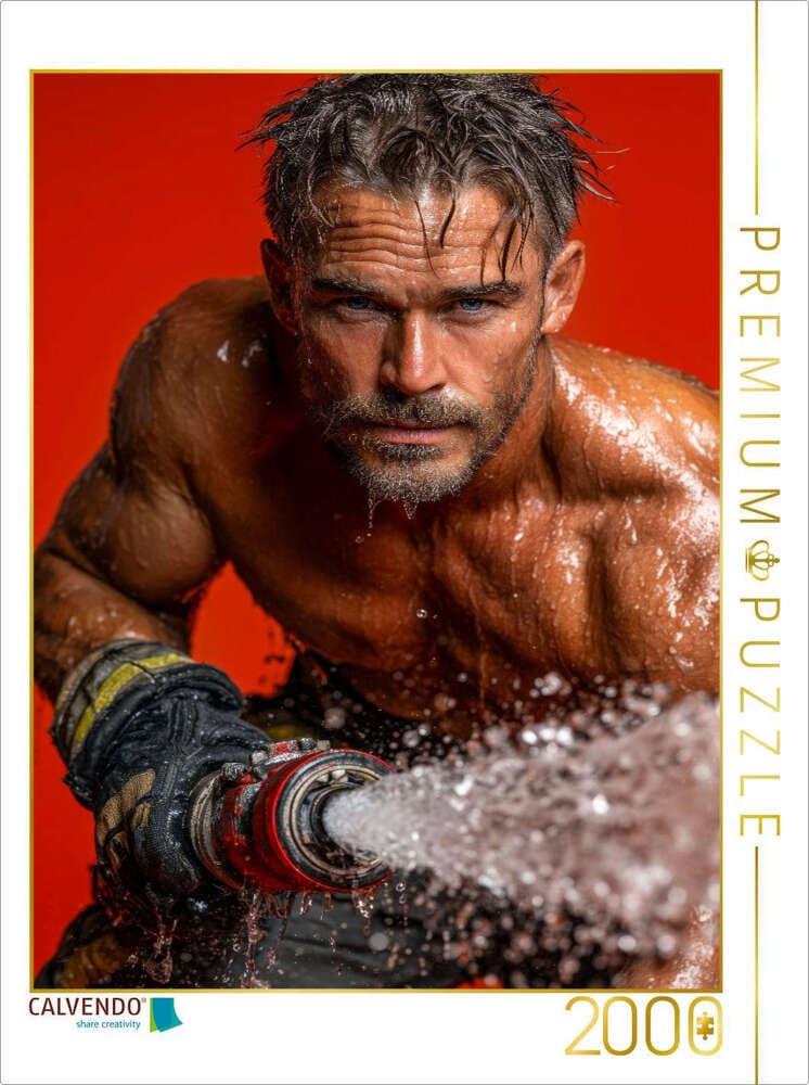 CALVENDO Puzzle Sexy Feuerwehrmann im Einsatz mit Wasserschlauch | 2000 Teile Lege-Größe 90x67cm Fot
