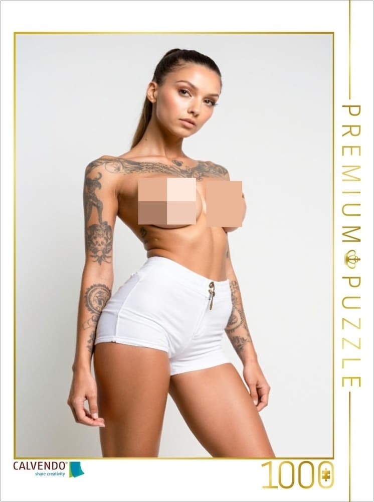 CALVENDO Puzzle Erotikpuzzle mit Melissa - tätowierter Akt in weißen Shorts, selbstbewusst und freiz