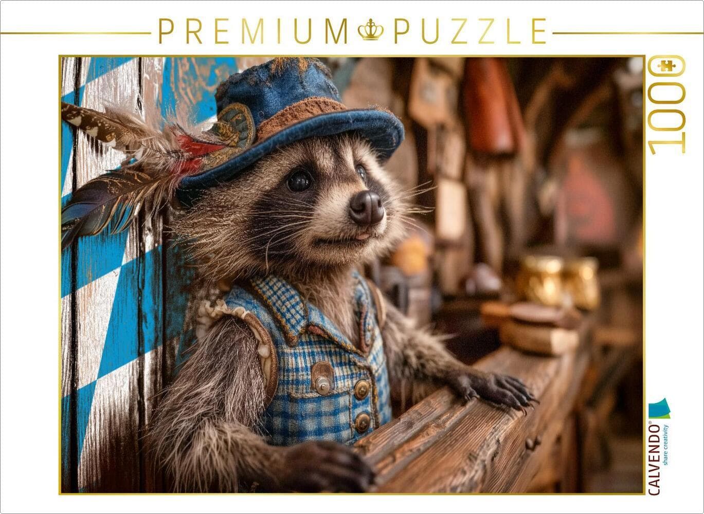 CALVENDO Puzzle Bayerischer Waschbär in Tracht hinter rustikalem Tresen | 1000 Teile Lege-Größe 64x48cm Foto-Puzzle für glückliche Stunden