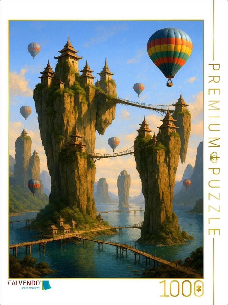 CALVENDO Puzzle Besuch in der Klippenstadt - Heißluftballons in Fantasy Landschaft | 1000 Teile Lege
