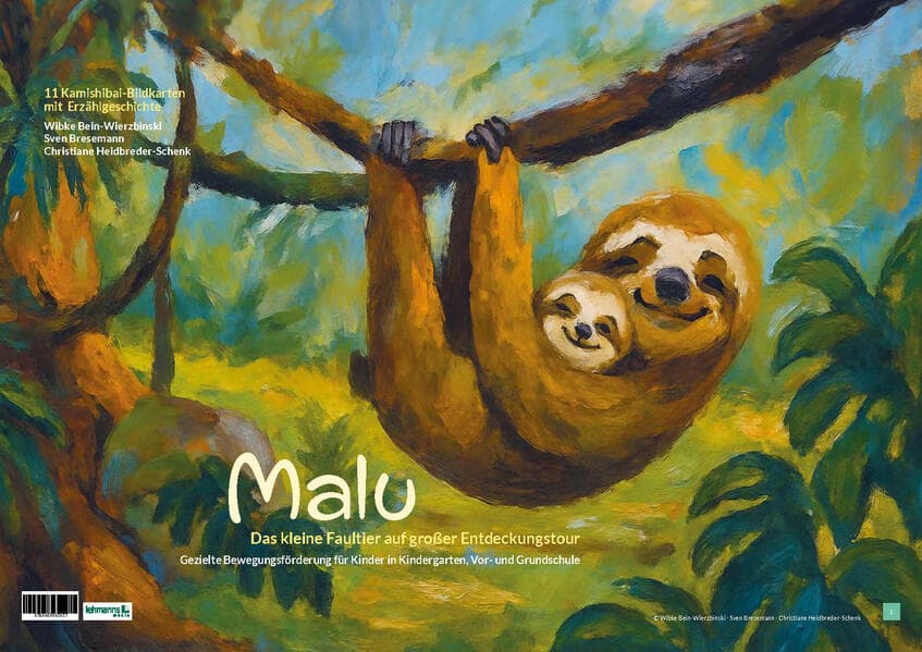 13 Kamishibai-Bildkarten mit Erzählgeschichte zum gleichnamigen Buch "Malu - Das kleine Faultier auf großer Entdeckungstour - Gezielte Bewegungsförderung für Kinder in Kindergarten, Vor- und Grundschule Bewegungsförderprogramm 'Kiu und das Regenwaldfest'