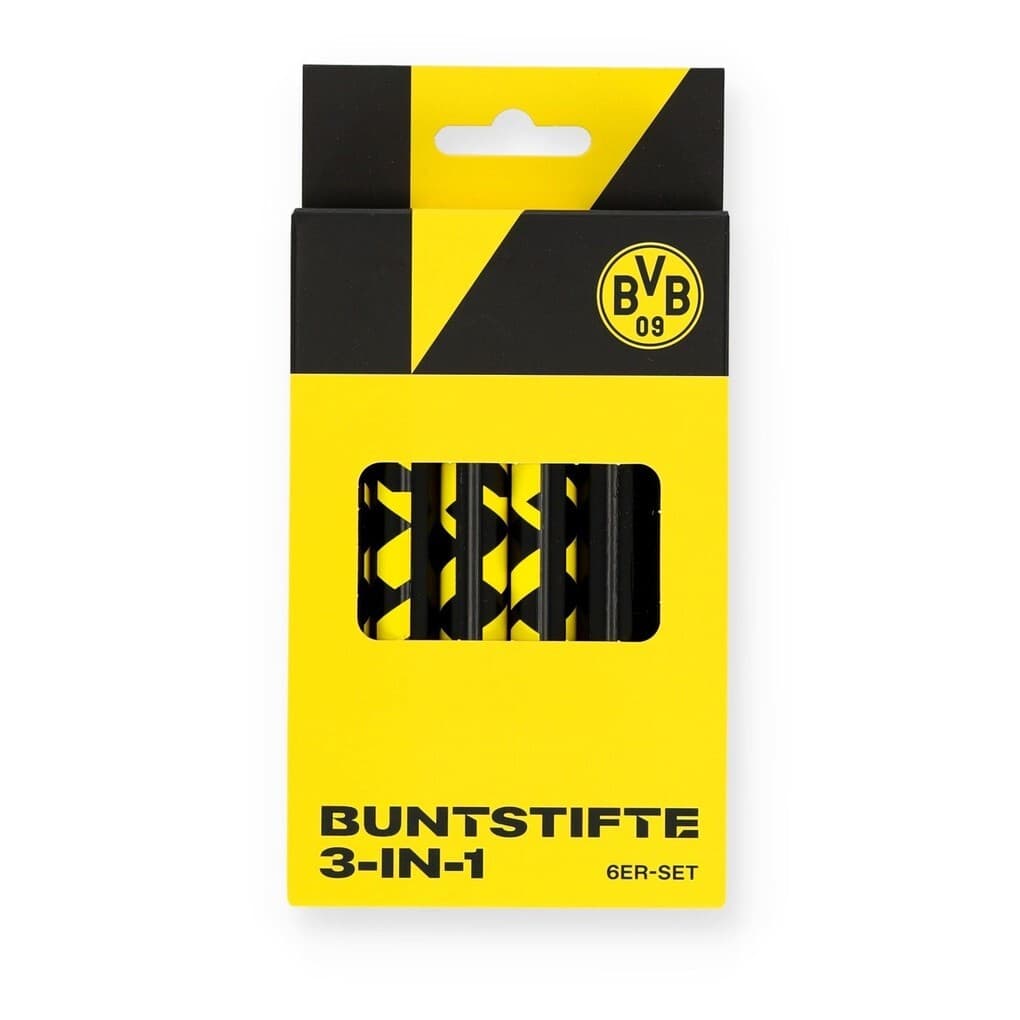 BVB Borussia Dortmund 3-in-1 Buntstifte/Wachsmaler 6er Set mit Anspitzer