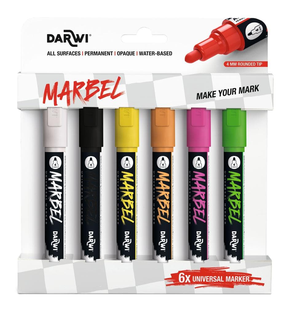 MARBEL Set mit 6 Universalmarkern Acrylfarben, Rundspitze medium 4mm, Neonfarben