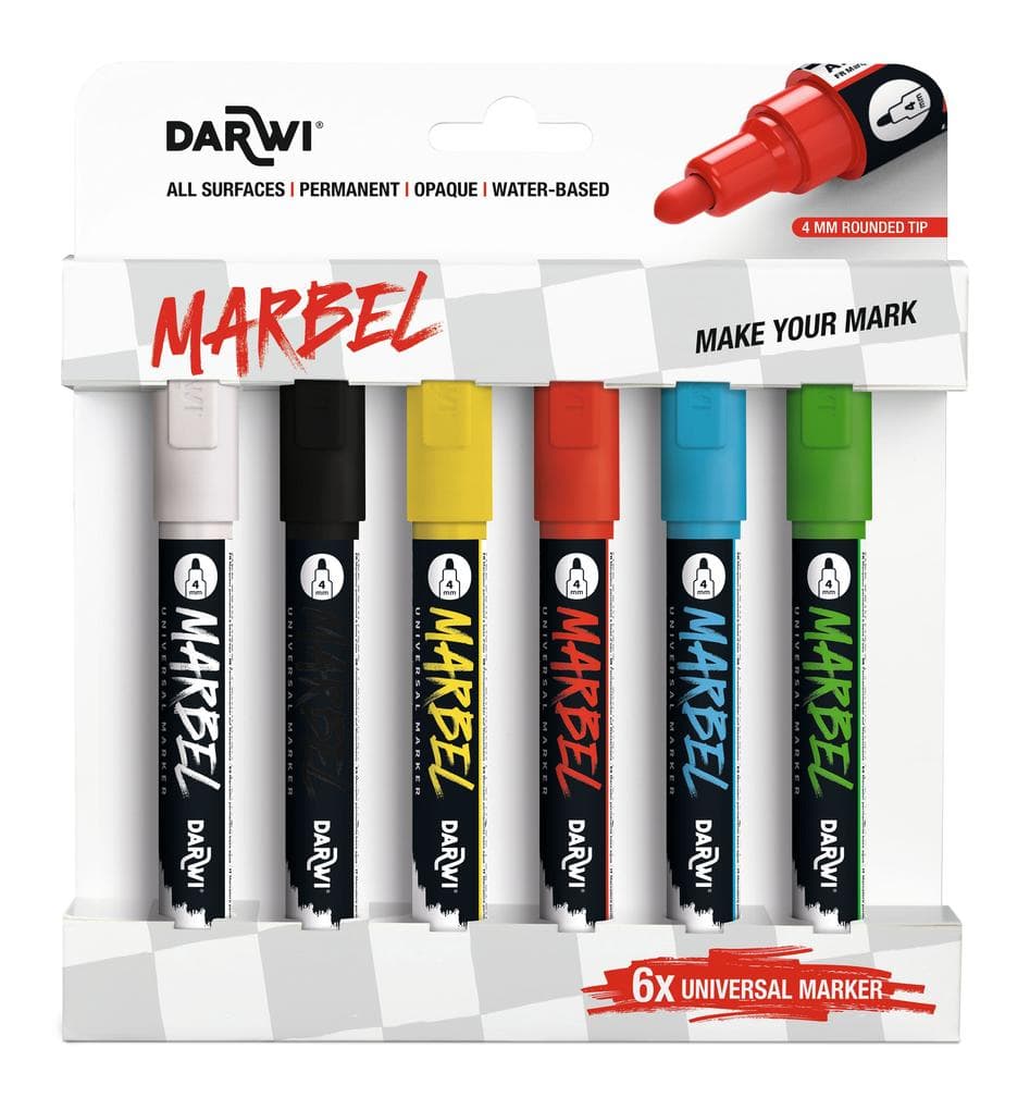 MARBEL Set mit 6 Universalmarkern Acrylfarben, Rundspitze medium 4mm, Primärfarben