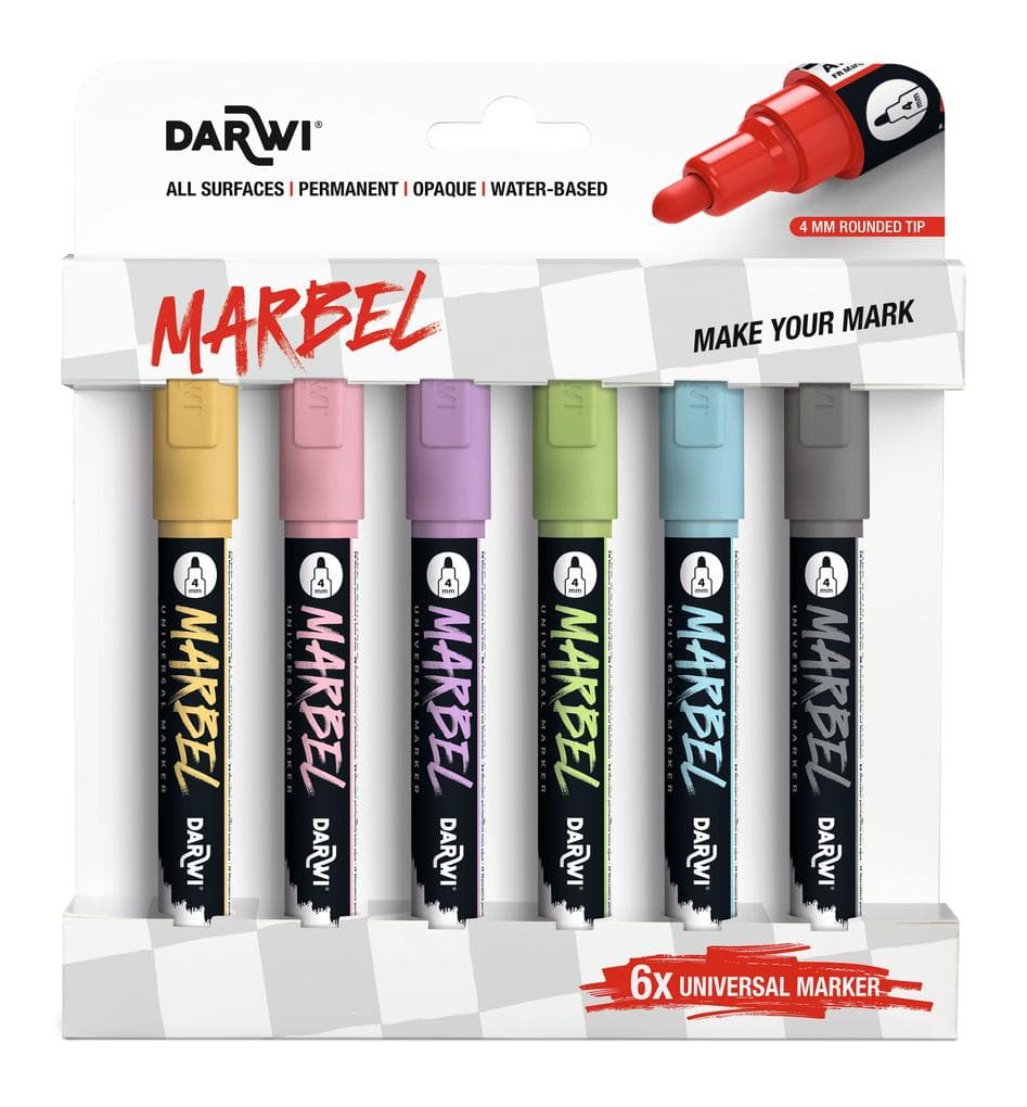 MARBEL Set mit 6 Universalmarkern Acrylfarben, Rundspitze medium 4mm, Pastellfarben