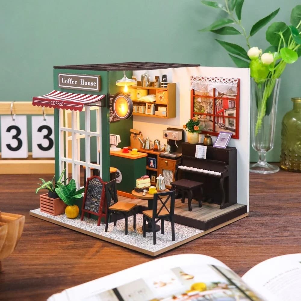 Figured'Art - DIY Miniaturhaus: Nachmittagskaffee Café Kreatives Bastelset, Haus mit LED, 163 Teilen