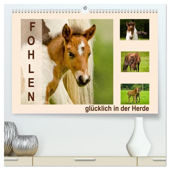 Fohlen, glücklich in der Herde (hochwertiger Premium Wandkalender 2026 DIN A2 quer), Kunstdruck in H