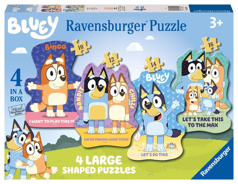 Ravensburger Kinderpuzzle 03132 - Bluey: Auf geht's! - 4 konturgeformte Puzzles mit 10, 12, 14 und 16 großen, stabilen Puzzleteilen, für kleine Bluey-Fans ab 3 Jahren