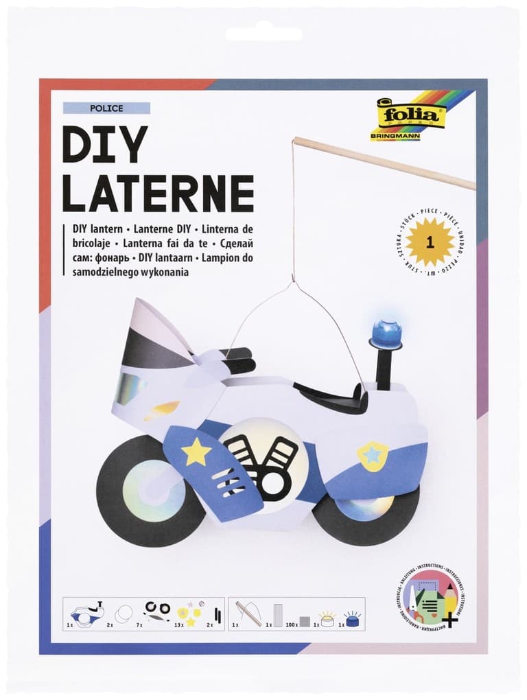 FOLIA Bastelartikel DIY Laterne Polizei Motorrad (POLICE) inkl. 1 LED-Licht, 1 LED Blaulicht und Batterien