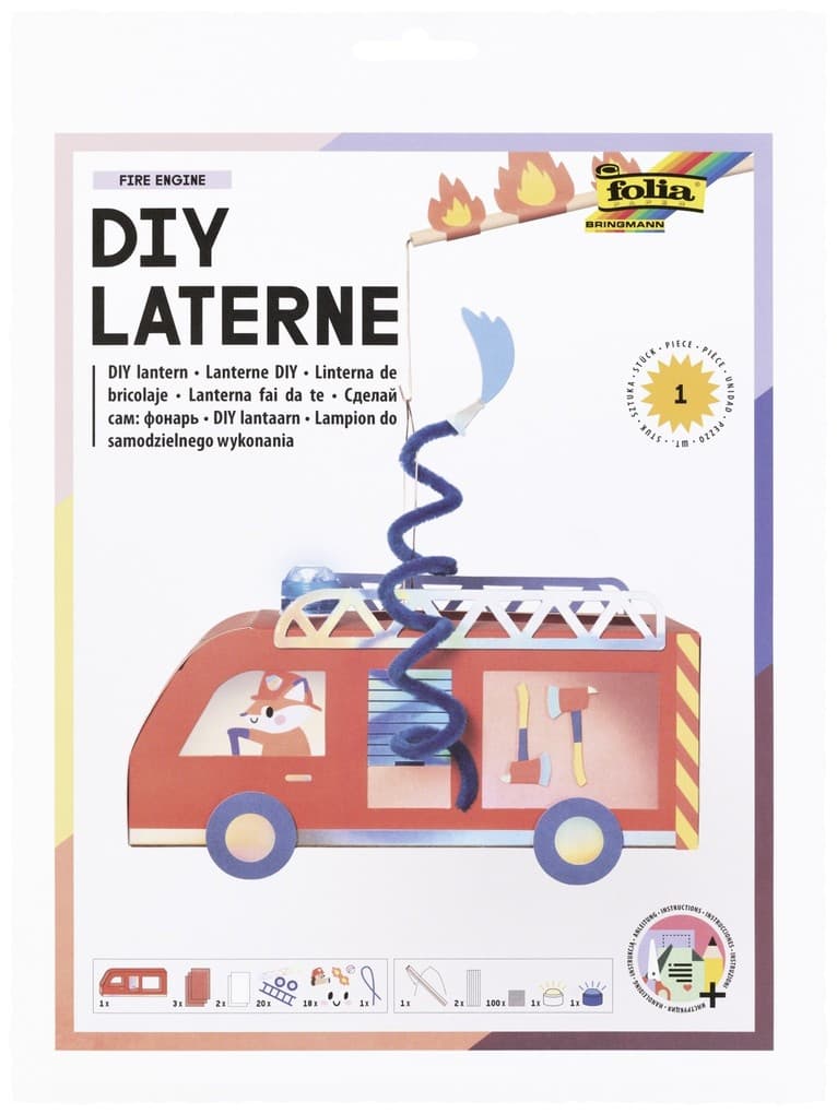 FOLIA Bastelartikel DIY Laterne Fuererwehr Auto (FIRE ENGINE) inkl. 1 LED-Licht, 1 LED Blaulicht und Batterien