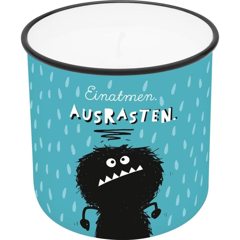 Lieblingskerze in Emailleoptik Motiv "Einatmen. Ausrasten."
