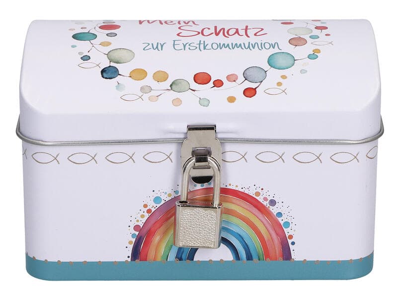 Weiße Schatzkiste aus Metall mit Schloss