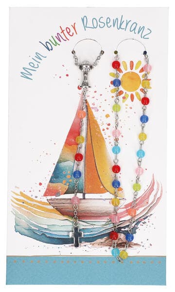 Rosenkranz 46,5 cm - gekettelt mit bunten Glasperlen, Kelch-Anhänger & Kreuz aus Metall, in Geschenk