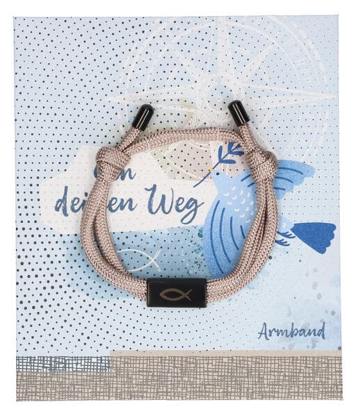 Beiges Textil-Armband mit schwarzem Fisch-Anhänger: Geh deinen Weg