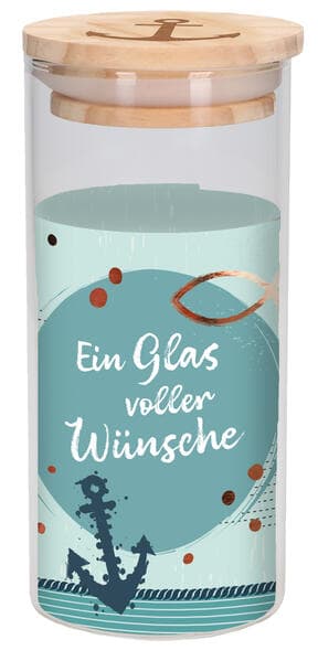 Wunscherfüller zur Konfirmation: Glas-Spardose mit graviertem Anker auf Holzdeckel